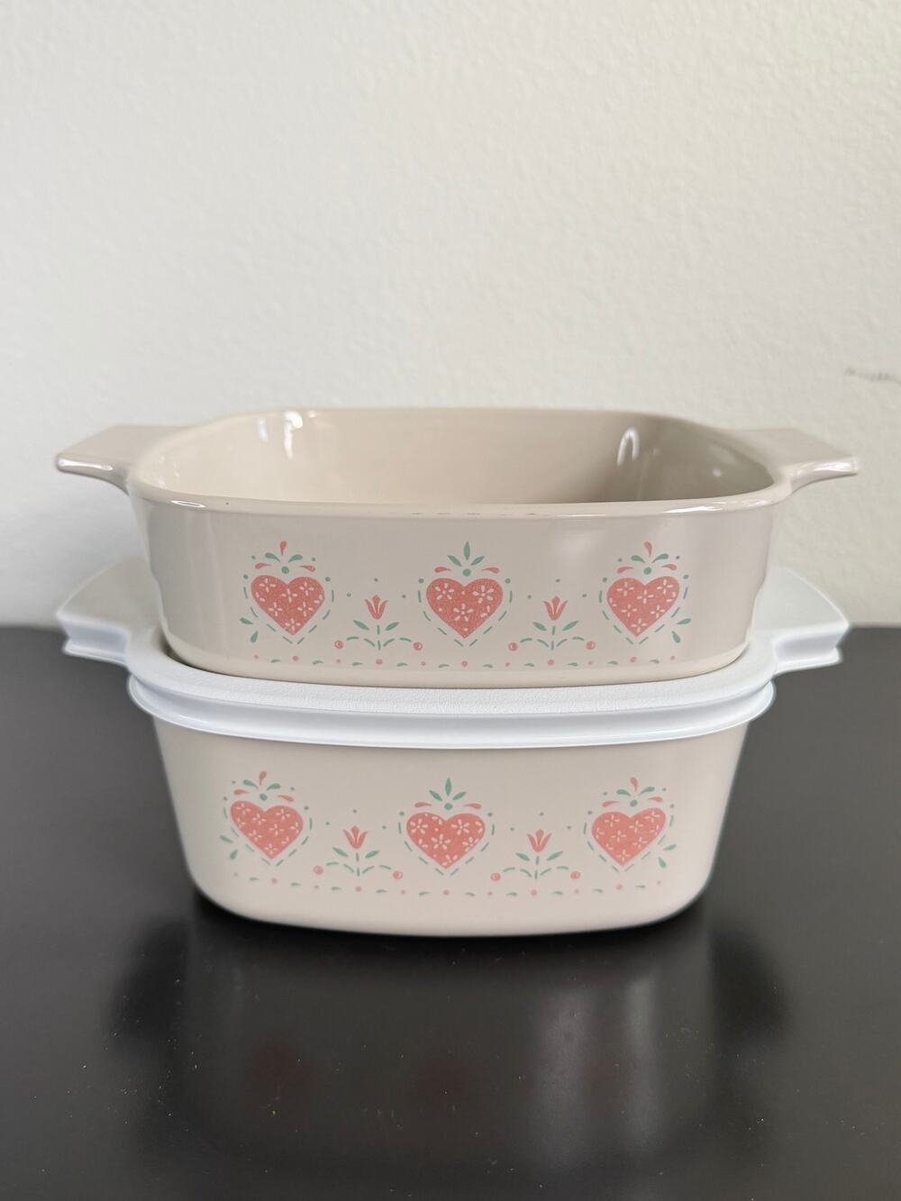 Vintage CorningWare casserole baking dishes Forever Yours pattern pink heart lid